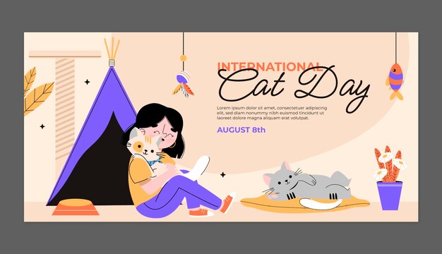 Плоский шаблон горизонтального баннера международного дня кошек с владельцем кошки и палаткой