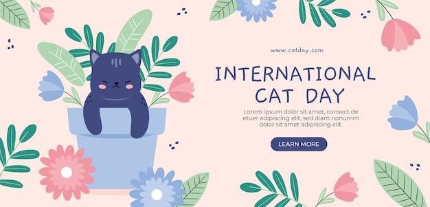 Free vector flat international cat day horizontal banner template with cat and potted plant