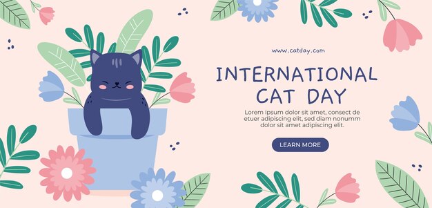 猫と鉢植えの植物とフラット国際猫の日水平バナーテンプレート