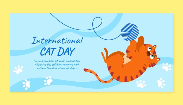 猫と毛糸でフラットな国際猫の日水平バナーテンプレート