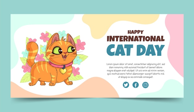 Плоский международный день кошек горизонтальный шаблон баннера с кошкой