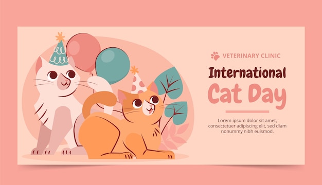 Modello di banner orizzontale piatto giornata internazionale del gatto con gatti e palloncini