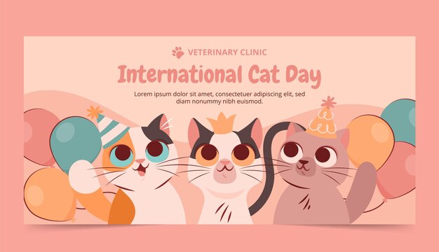 Flat international cat day horizontal banner template with cats and balloons