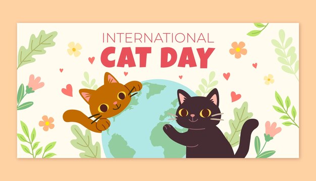 고양이와 행성 평면 국제 고양이의 날 가로 배너 템플릿