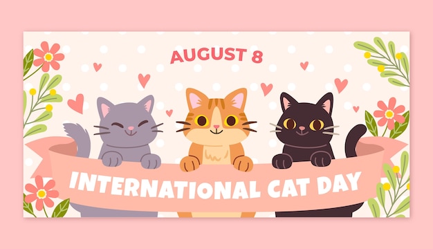 Free vector flat international cat day horizontal banner template with cats