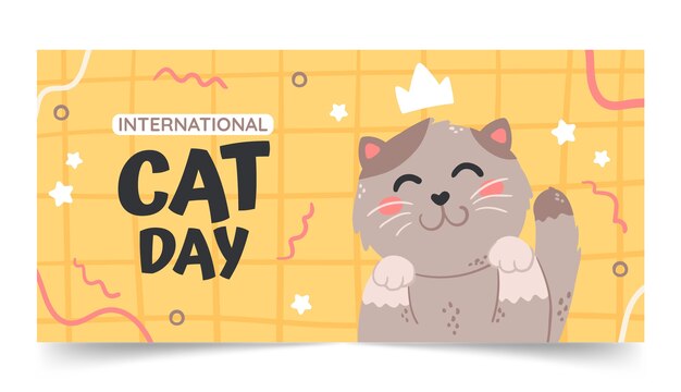 Flat international cat day horizontal banner template with cute cat