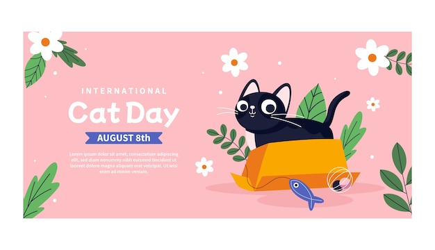 Vettore gratuito modello di banner orizzontale piatto giorno internazionale del gatto