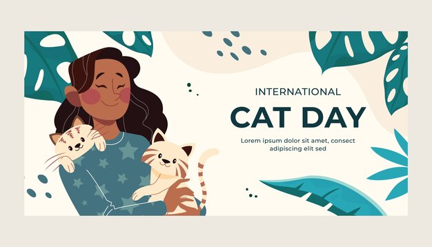 Плоский международный день кошек горизонтальный шаблон баннера