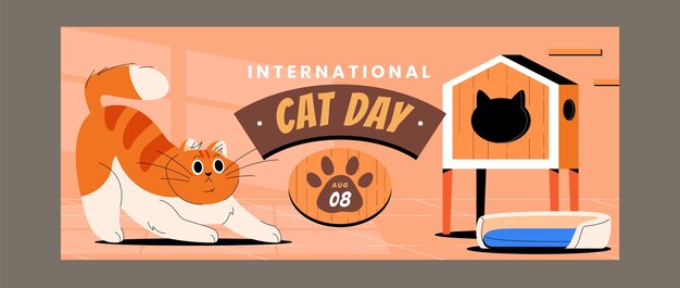 Flat international cat day horizontal banner template