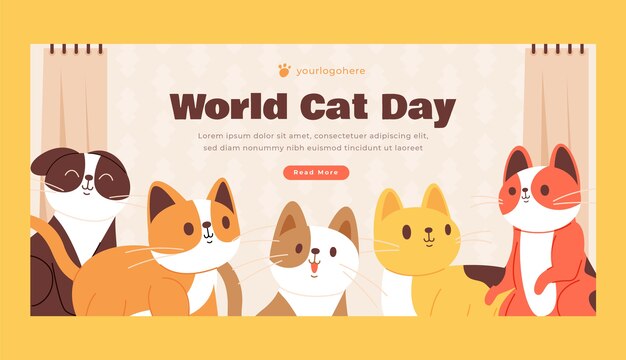 Плоский международный день кошек горизонтальный шаблон баннера
