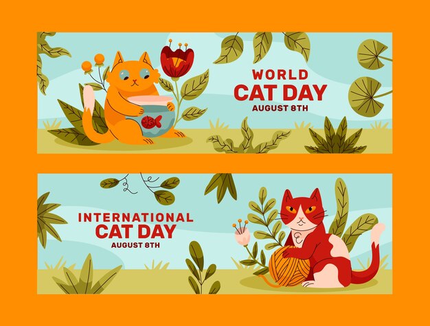 Flat international cat day horizontal banners set with cats and leaves