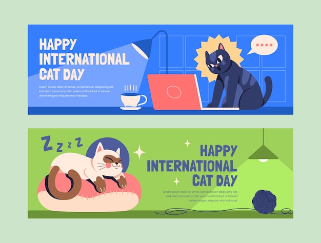 Free vector flat international cat day horizontal banners set with cats sleeping and using laptop