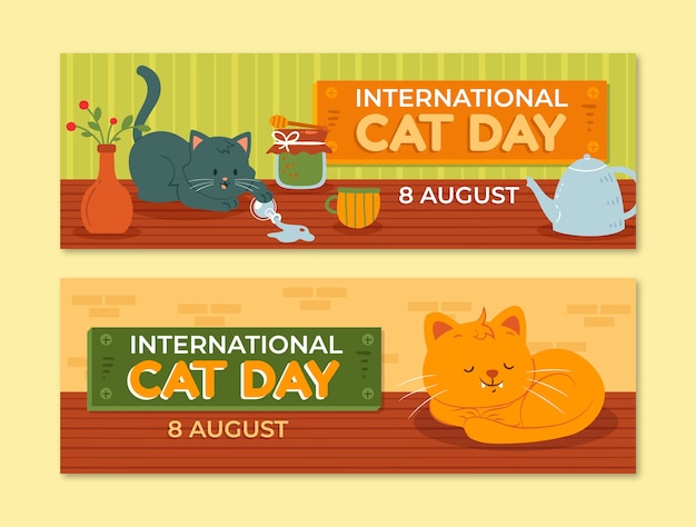 Flat international cat day horizontal banners set with cats