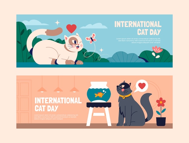 Free vector flat international cat day horizontal banners set with cats