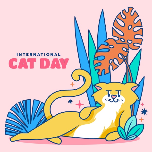 Плоская иллюстрация международного дня кошек с кошкой и листьями
