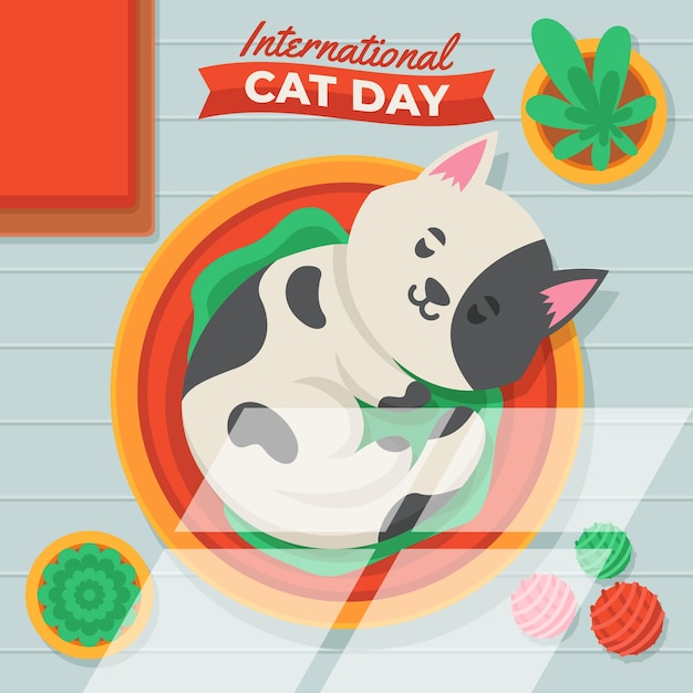 Flat international cat day illustration with cat in bed