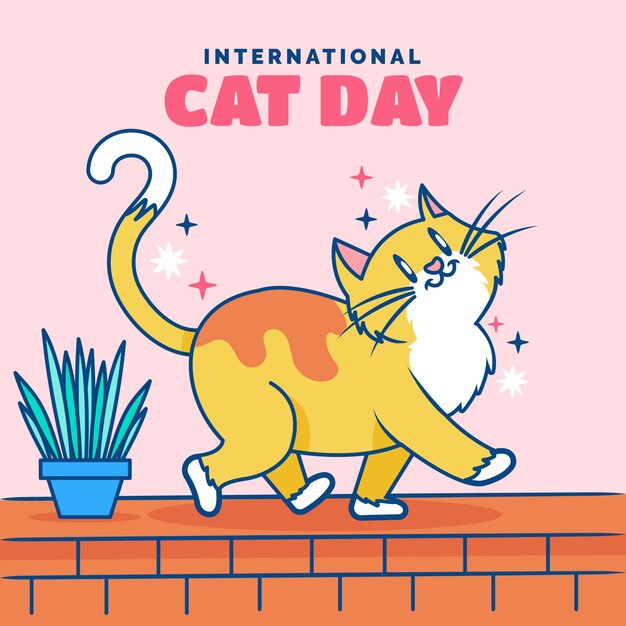 Flat international cat day illustration with cat on fence