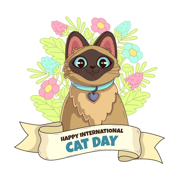 Flat international cat day illustration with cat and flowers