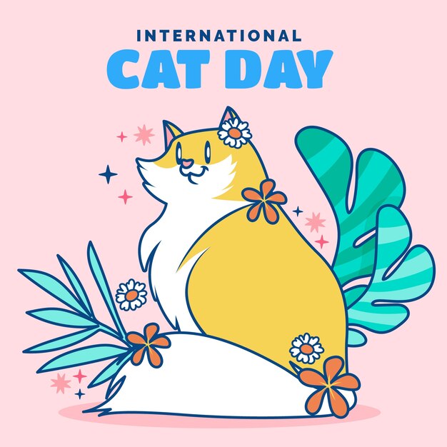 고양이와 꽃이 있는 평평한 국제 고양이의 날 그림