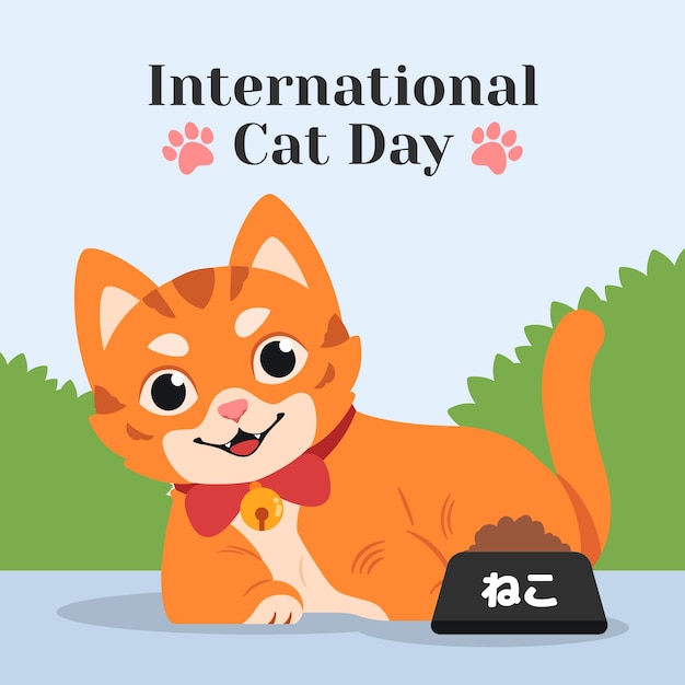 Flat international cat day illustration with cat and food