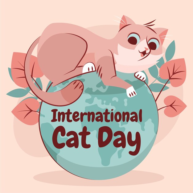 Flat international cat day illustration with cat on planet