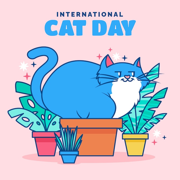 Flat international cat day illustration with cat and potted plants