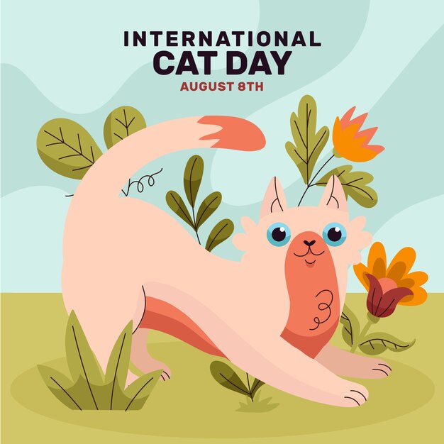 Flat international cat day illustration with cat and vegetation