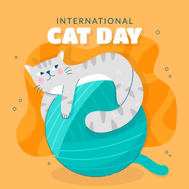 Free vector flat international cat day illustration with cat on yarn ball