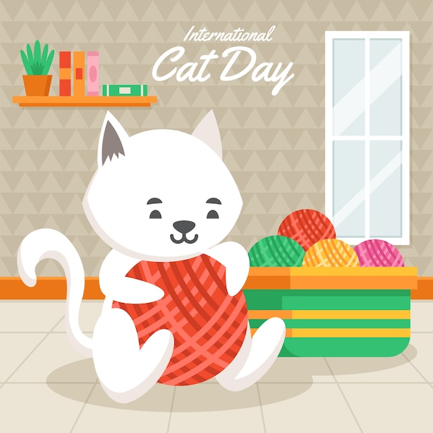 Flat international cat day illustration with cat and yarn