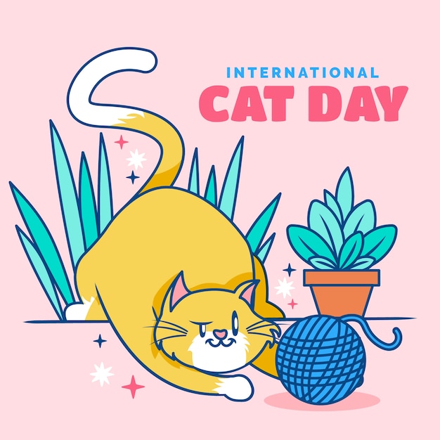 Плоская иллюстрация международного дня кошек с кошкой и пряжей