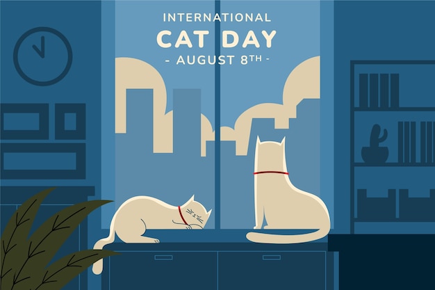 Flat international cat day illustration with cats looking through the window