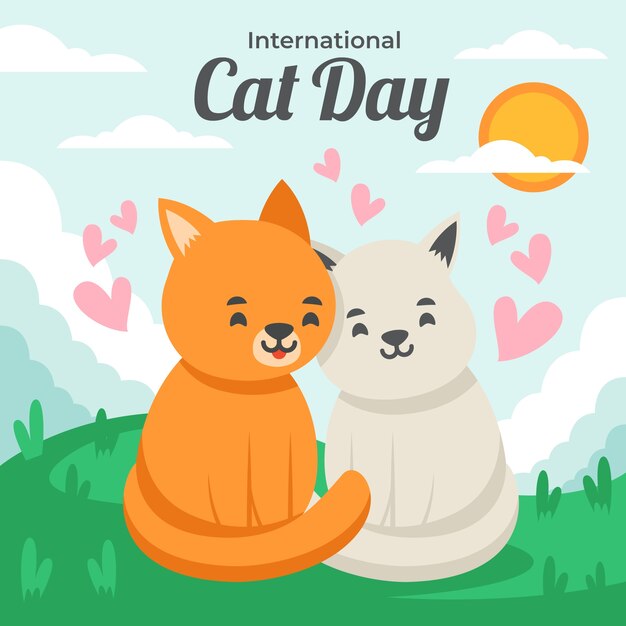 愛する猫とフラットな国際猫の日のイラスト