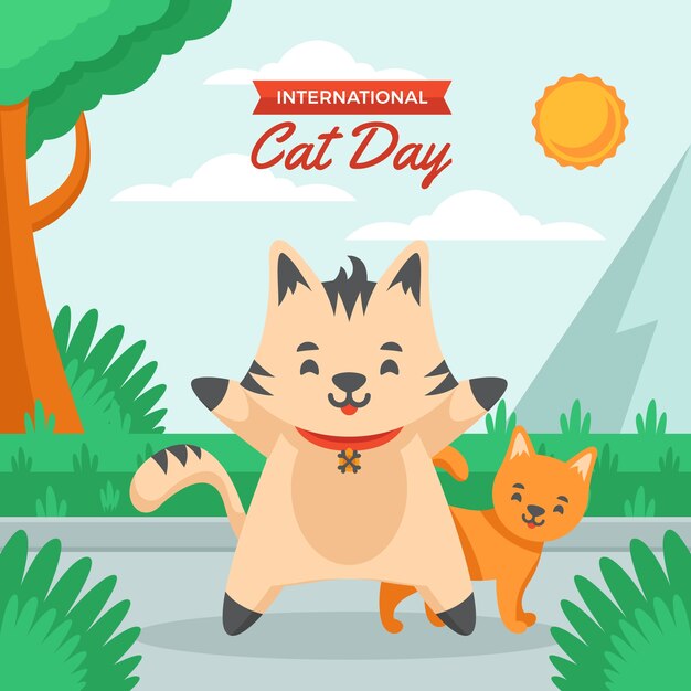 Flat international cat day illustration with cats outside