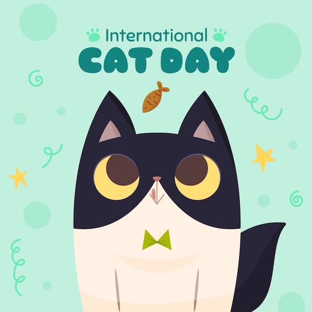 Flat international cat day illustration with cute cat