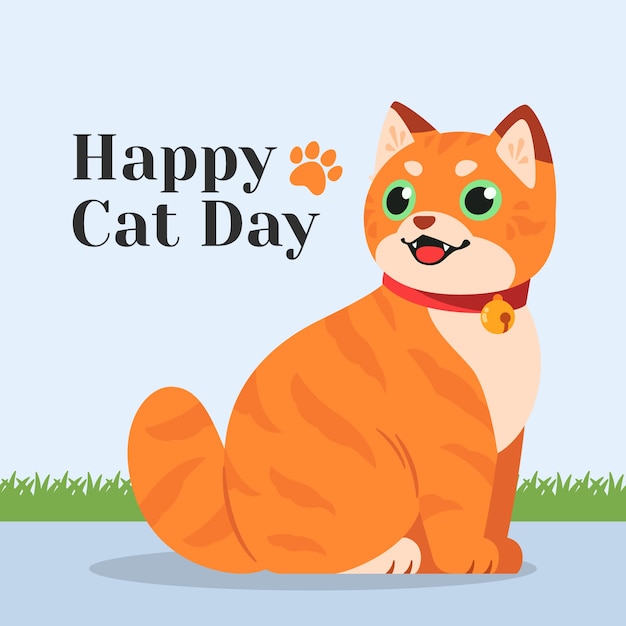 Flat international cat day illustration with cute cat