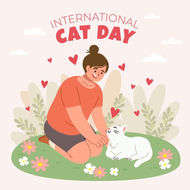 Flat international cat day illustration with woman and cat