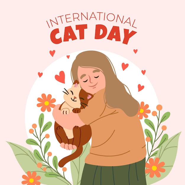 Vettore gratuito illustrazione piatta giornata internazionale del gatto con donna e gatto