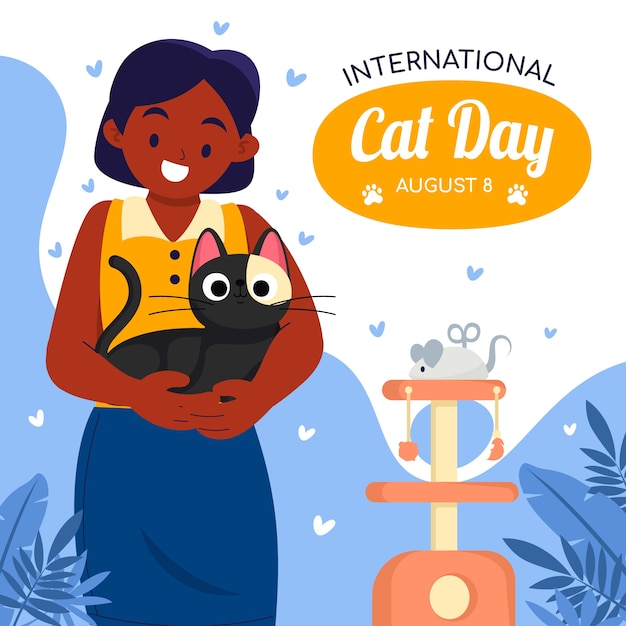 Flat international cat day illustration with woman holding cat