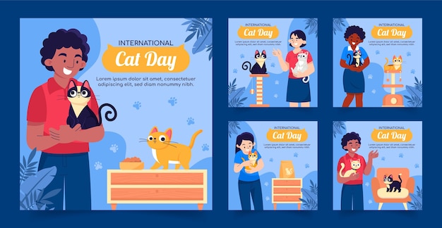 Free vector flat international cat day instagram posts collection