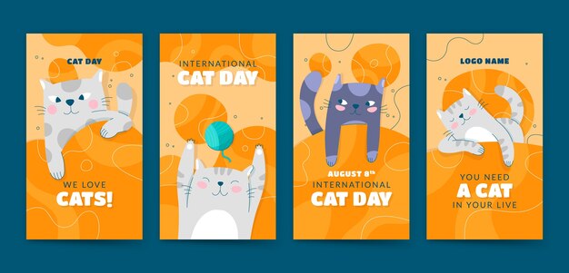 Flat international cat day instagram stories collection