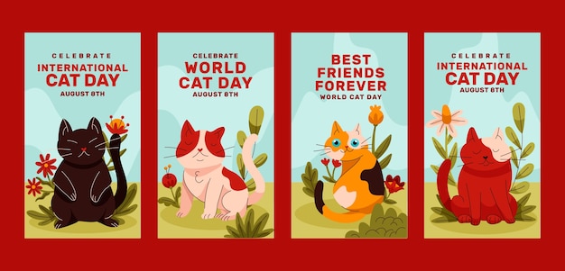 Flat international cat day instagram stories collection