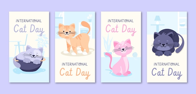 Flat international cat day instagram stories collection