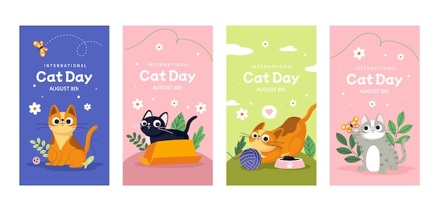 Free vector flat international cat day instagram stories collection