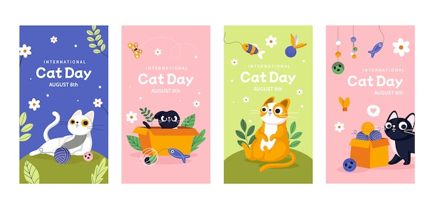 Free vector flat international cat day instagram stories collection