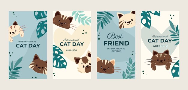 Flat international cat day instagram stories collection