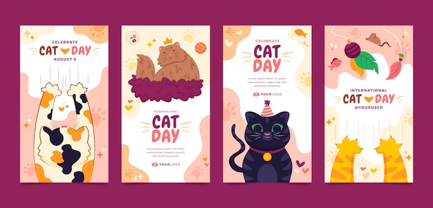 Flat international cat day instagram stories collection