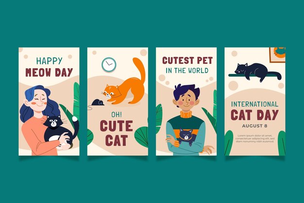 Flat international cat day instagram stories collection