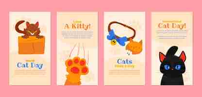 Free vector flat international cat day instagram stories collection