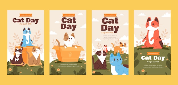 Free vector flat international cat day instagram stories collection