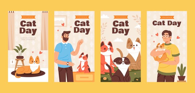 Flat international cat day instagram stories collection